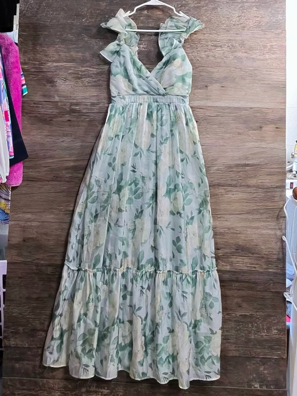 Lulu's Sage Green Floral Ruffle-Shoulder Maxi Dress